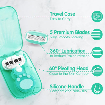 DreamGenius Travel Razors for Women Include 1 Handle and 5 Cartridges, Extra Smooth 5-Blade Travel Essentials Razor with Case for Shaving, Green