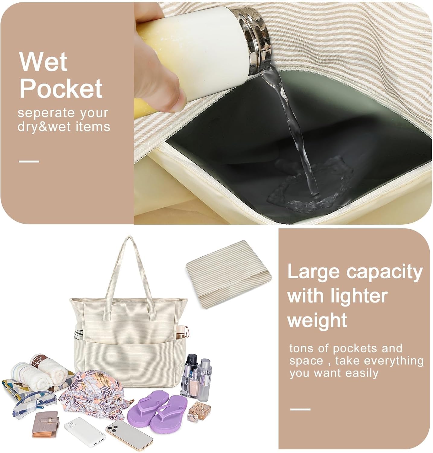 Waterproof Beach Tote Pool Bags for Women Ladies Extra Large Gym Tote Carry On Bag With Wet Compartment for Weekender Travel