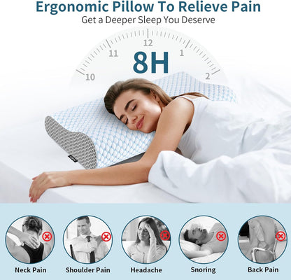 Cervical Neck Pillow for Pain Relief, Contour Memory Foam Pillows for Sleeping, Odorless Ergonomic Pillow Adjustable Orthopedic Cooling Pillow Bed Pillow Neck Support for Side Back Stomach Sleepers