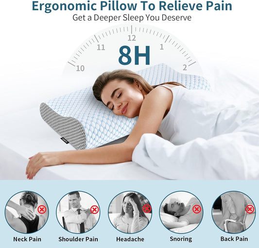 Cervical Neck Pillow for Pain Relief, Contour Memory Foam Pillows for Sleeping, Odorless Ergonomic Pillow Adjustable Orthopedic Cooling Pillow Bed Pillow Neck Support for Side Back Stomach Sleepers
