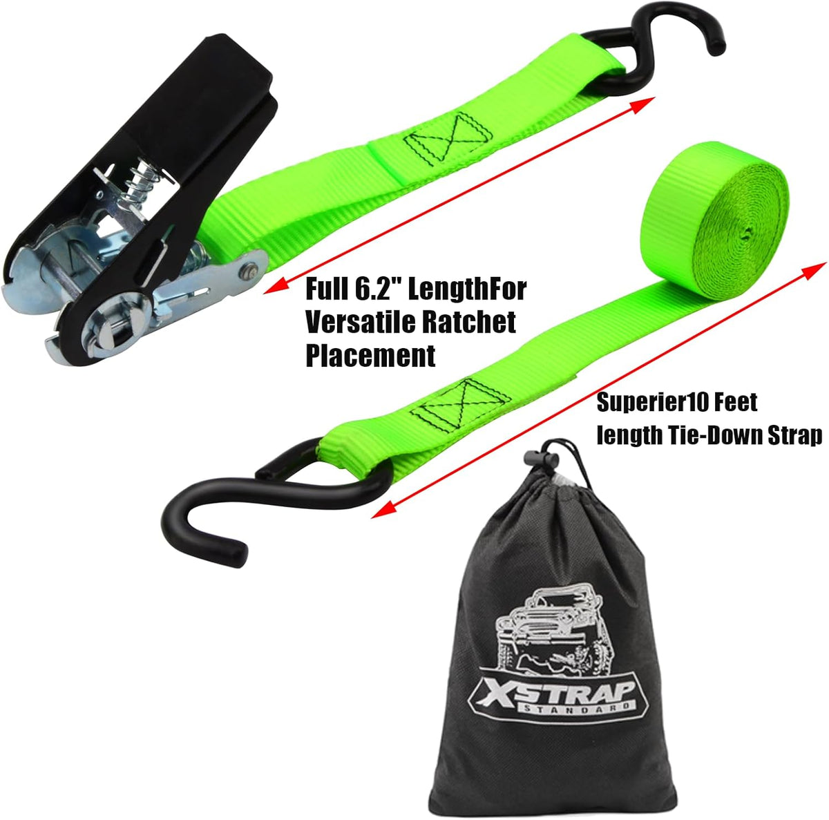 XSTRAP STANDARD Ratchet Tie Down Straps 4 Pk 10 Ft- 300 Lbs Load Cap- 900 Lbs Break Strength-Cargo Straps for UTV, ATV, Pickup,Truck, Moving Appliances, Lawn Equipment, Neon Green