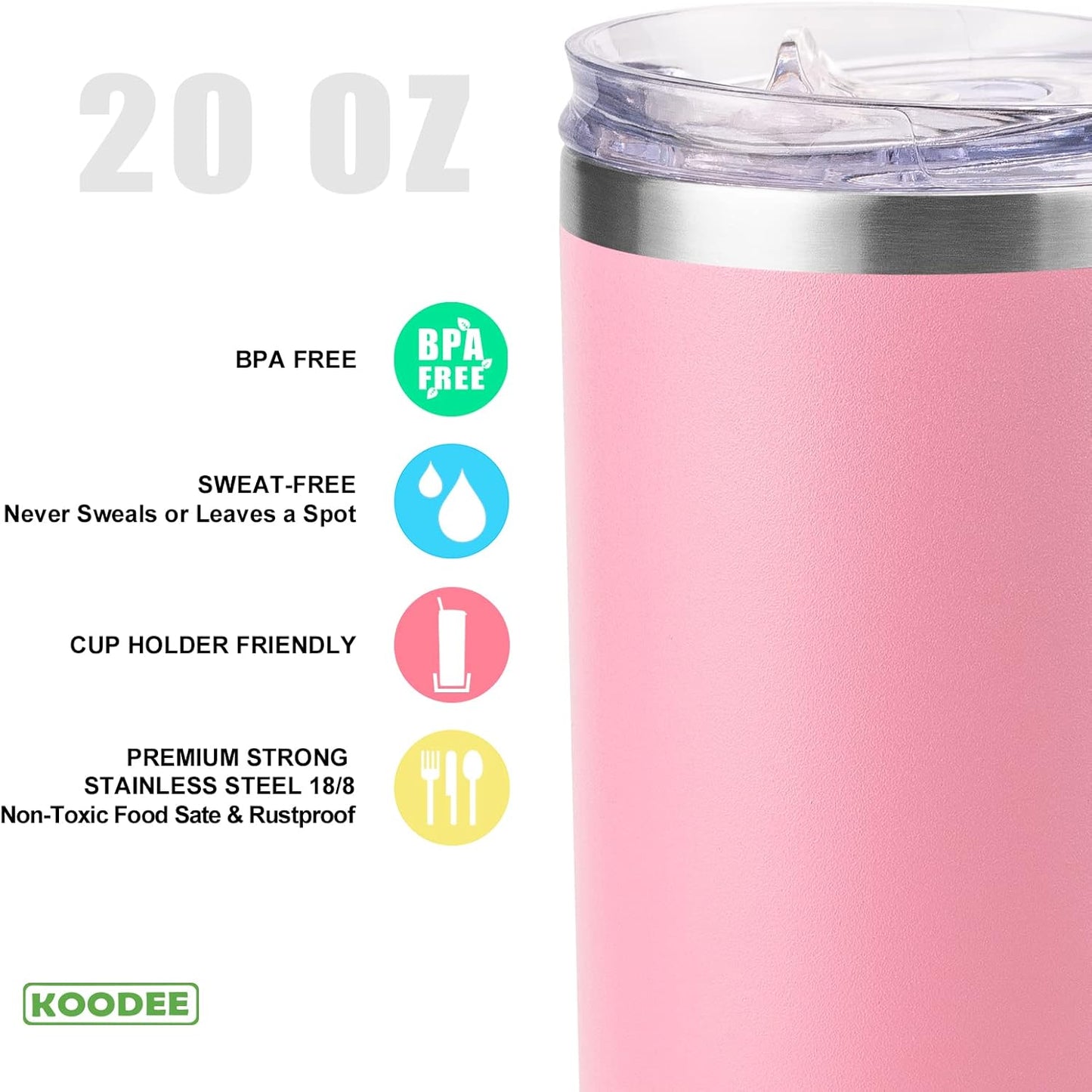 koodee 20 oz Skinny Tumbler (2 Pack) Stainless Steel Double Wall Insulated Water Tumbler Cup with Straw, Slim Travel or Women Diy Birthday Gift (Purple-Pink)