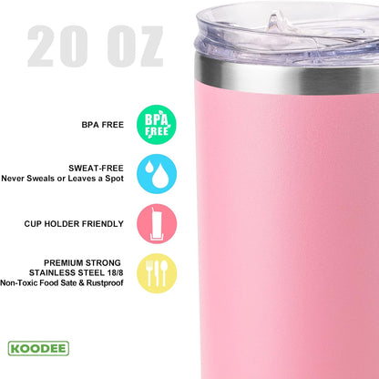 koodee 20 oz Stainless Steel Skinny Tumblers (2 Pack) Double Wall Insulated Water Tumbler Cup with Lid and Straw, Slim Travel Tumbler for Women/Men Diy Birthday Gift （Baby Blue-Pink）