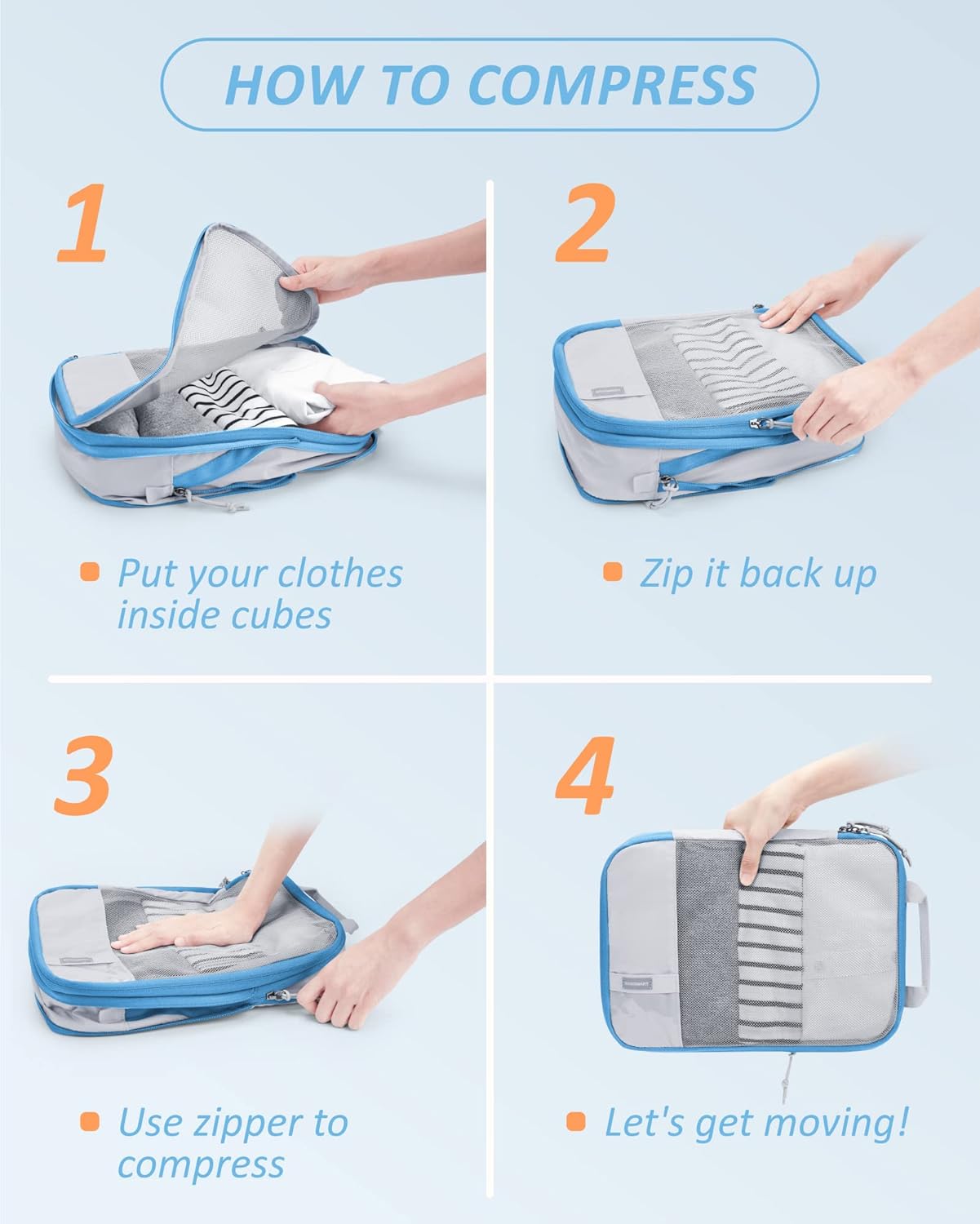 BAGSMART 6 Set Compression Packing Cubes - Lightweight Travel Essentials, Durable Luggage Organizer