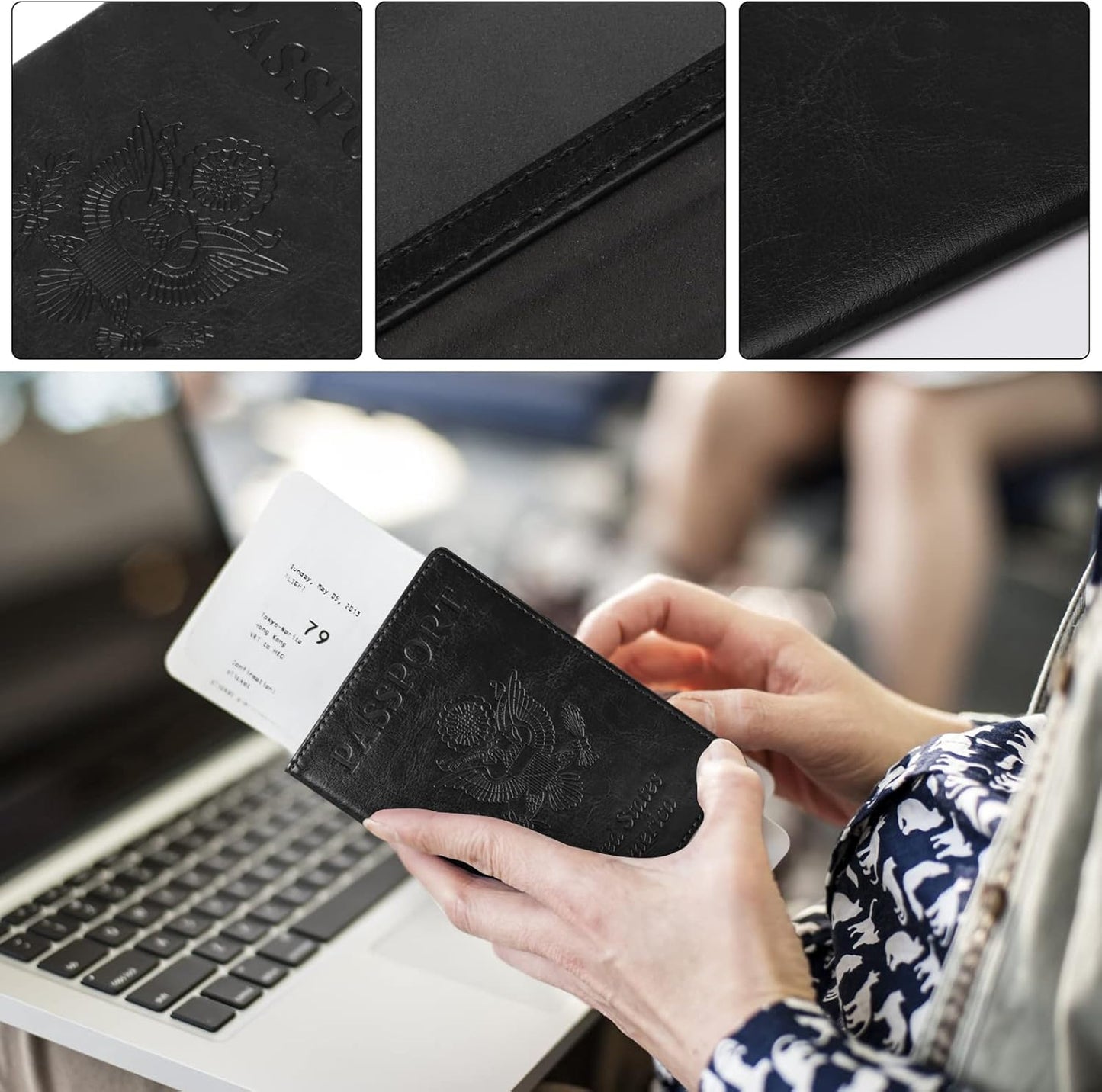 TIGARI Passport Holder for Travel Women Men, PU Leather Passport Wallet Cover Case Sleeve, Waterproof Protected Document Organizer, Family Vacation Plane Cruise Travel Essentials-Black