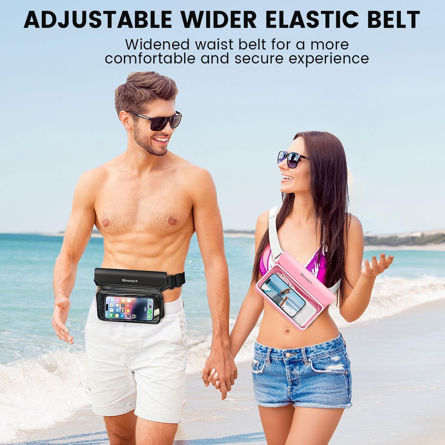 Niveaya IP68 Waterproof Fanny Pack - 2 Pack, Floating Dry Bag Pouch, Phone Waterproof Waist Pouch Dry Bag, Beach, Kayaking, Swimming, Boat Essentials, for iPhone 16/15/14/13/12 Pro Max up to 9.5"