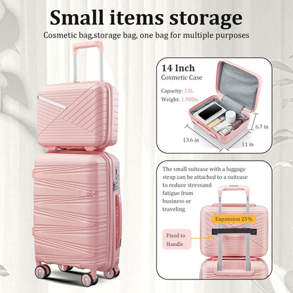 4-Piece Expandable Hardshell Luggage Set with TSA Lock (14/20/24/28) - Lightweight PP Suitcases, 360° Silent Spinner Wheels and Durable 100LB Handle for Air Travel (Pink)