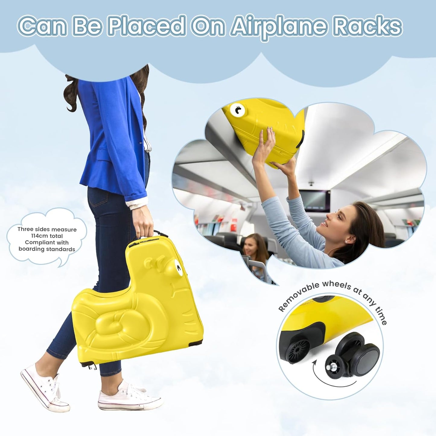 Kids Luggage, Kids Ride-on Luggage with Spinner Wheels Suitcase, Kid's Ride-On Suitcase Help Your Child Relax, Carry On Trolley with Password Lock (Yellow, 20 inches)