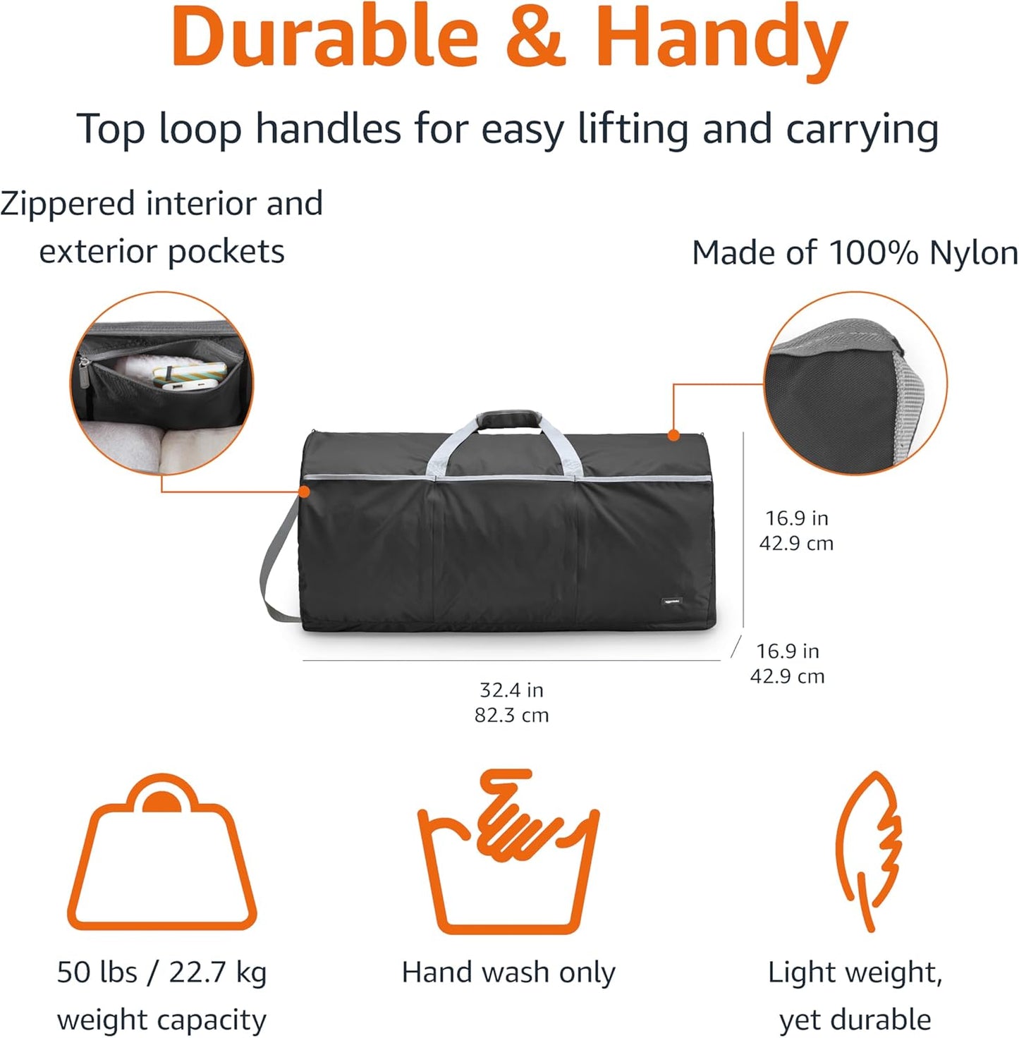 Amazon Basics 32.4" Extra Large Foldable Duffle Bag for Travel & Storage, with Exterior/Interior Zippered Pockets, Lightweight/Durable Nylon Material, 50-LBS Capacity, 9254 Cubic Inch (150L), Black