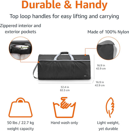 Amazon Basics 32.4" Extra Large Foldable Duffle Bag for Travel & Storage, with Exterior/Interior Zippered Pockets, Lightweight/Durable Nylon Material, 50-LBS Capacity, 9254 Cubic Inch (150L), Black
