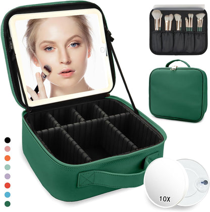Travel Makeup Bag,with Mirror 3 Color Setting and Detachable 10x Magnifying Mirror Travel Makeup Bag,Portable Storage and Adjustable Dividers（Dark green）