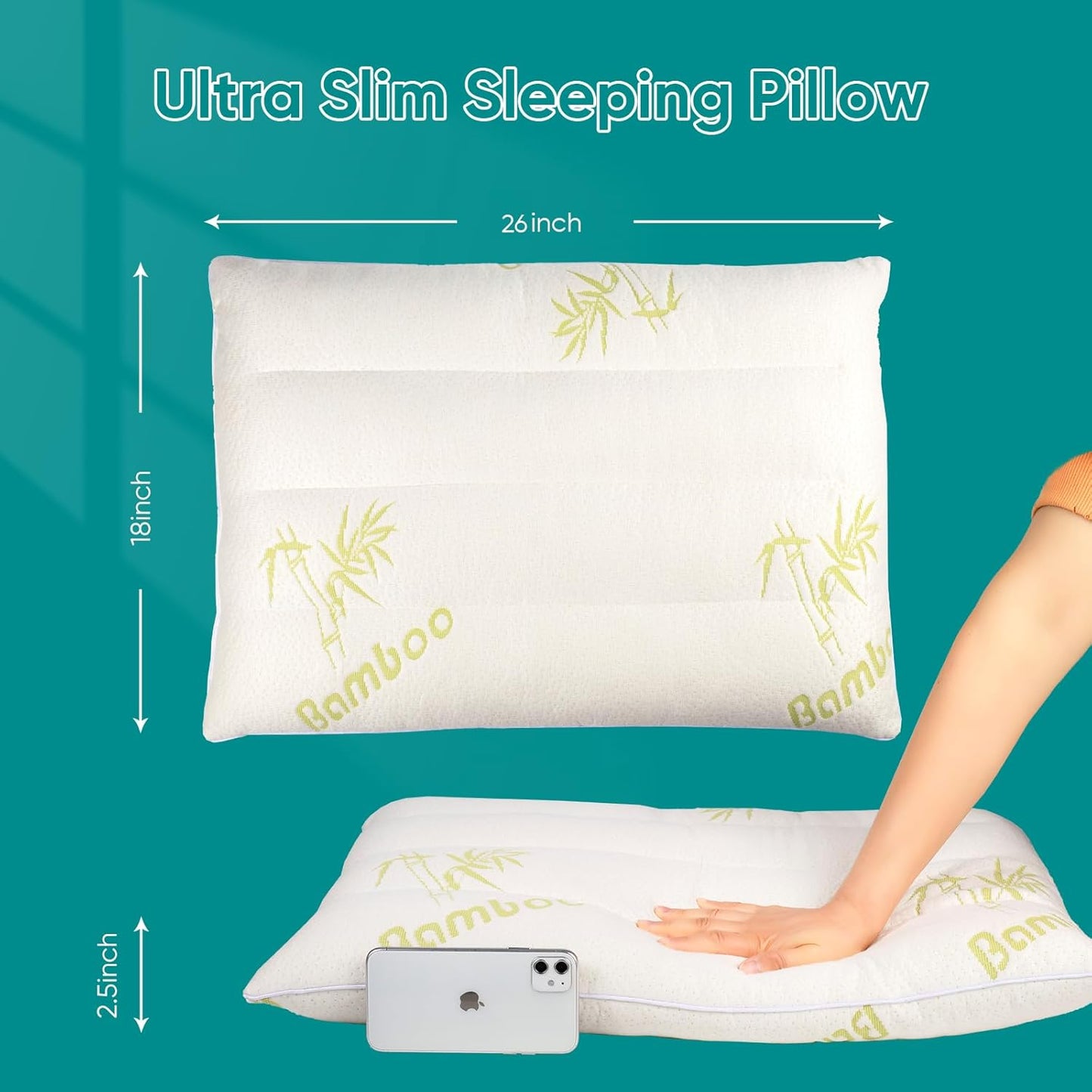 MINUPWELL Ultra Thin Pillows, Flat Pillows for Sleeping Thin, 7D High Support 2.5 inch Height Slim Bed Pillows for Stomach Sleeper, Standard Size -18x26 in - Rayon Derived from Bamboo