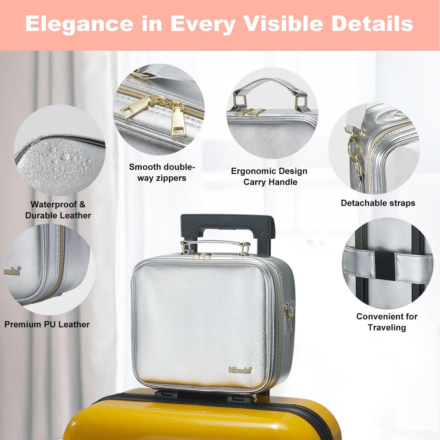 Mocado Travel Makeup Bag with LED Lighted Mirror,Travel Makeup Organizer,Makeup Case with 3 Color Lighted Setting and 10x Magnifying Mirror,Portable Storage and Adjustable Dividers Makeup Box(Silver)