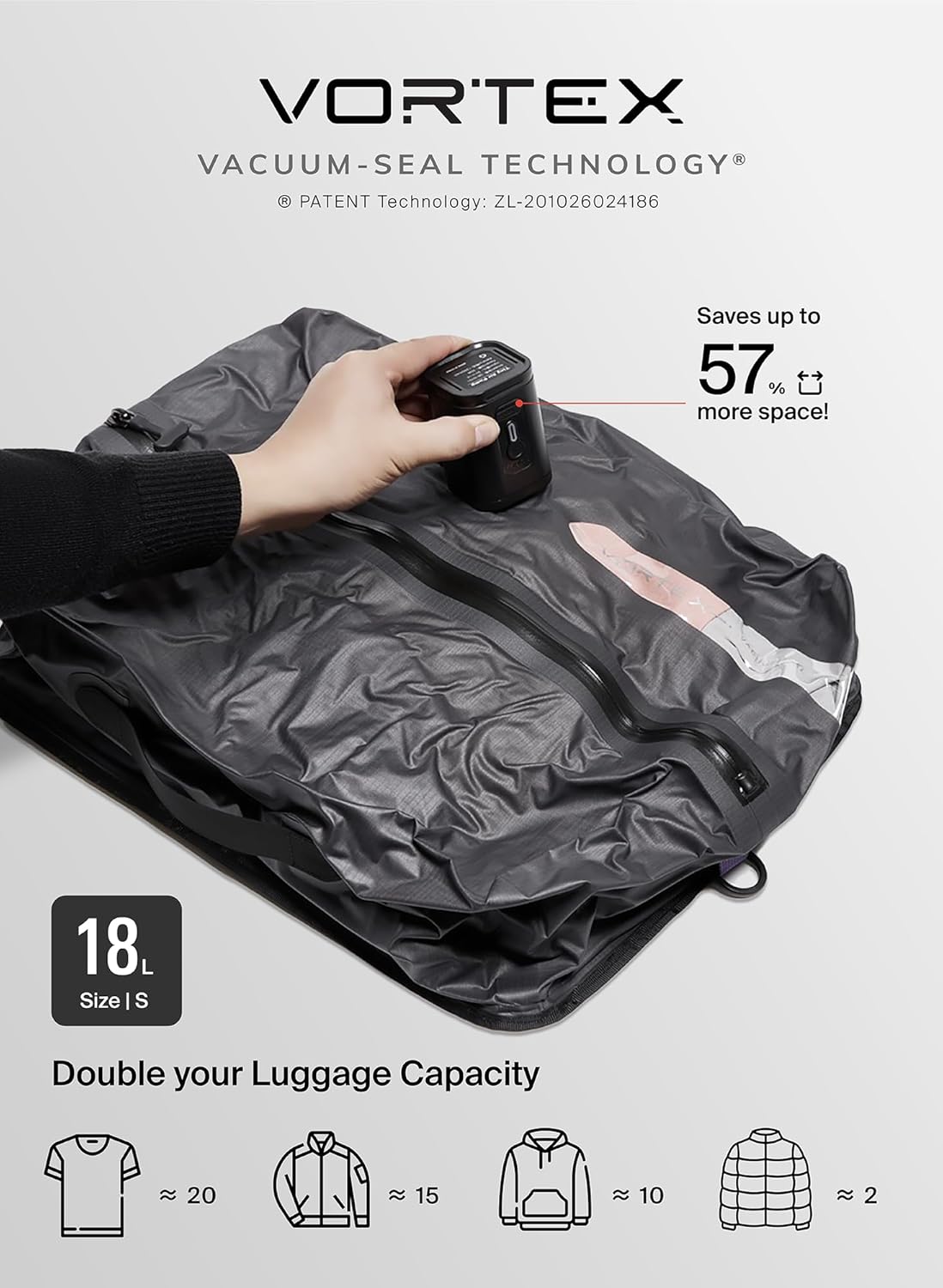 Black Voyage Reusable Vacuum Compression Travel Bag for Carry-On Suitcase and Backpack, Recycled IP67 Waterproof Space Saver Vacpack (2-Pack, 18L - No Pump)