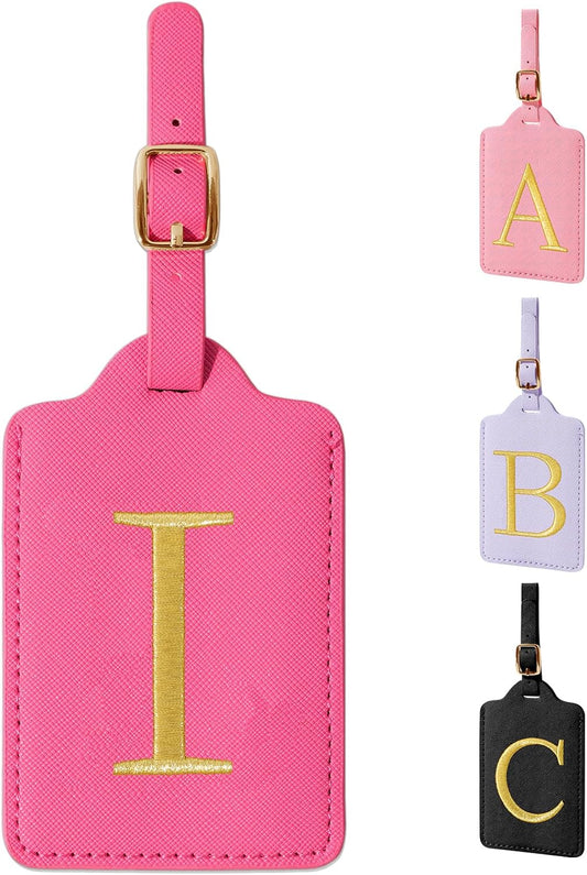 Personalized Initial Luggage Tags for Suitcase, Rose Red Leather Cute Luggage Tags with Privacy Cover Name Card, Embroidered Custom Monogram Luggage Tags Travel Backpack Tag Gifts for Women Kids(I)