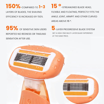 Mini Travel razor Kit for women with moisturizing bar - 1 Handle and 3 Cartridges - Extra Smooth 5-blade With Case for Close Shaving - Orange