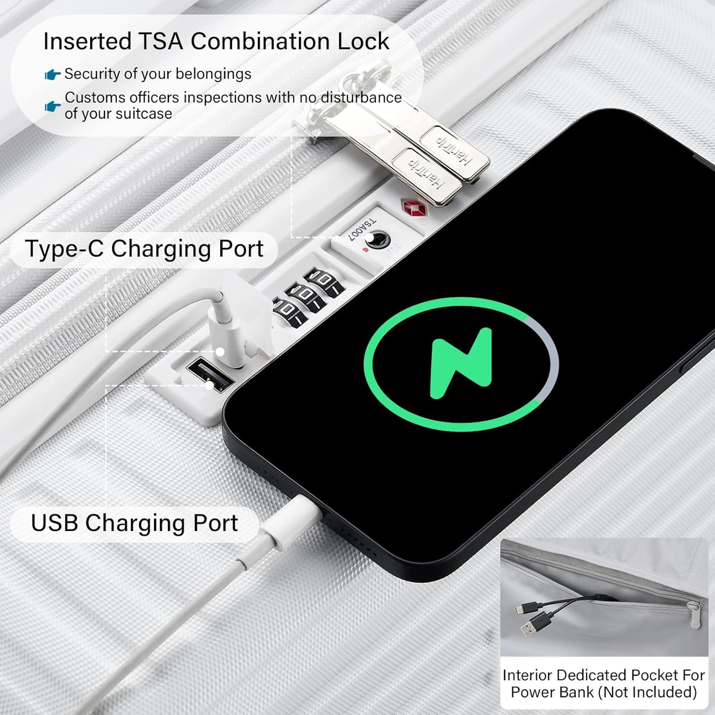 Hard Shell Suitcases Airline Approved 20 Inch Carry on Luggage, Expandable Travel Luggage Carry on Luggage with Cup Holder Charger Built in, Lightweight Small Suitcases with Wheels, White