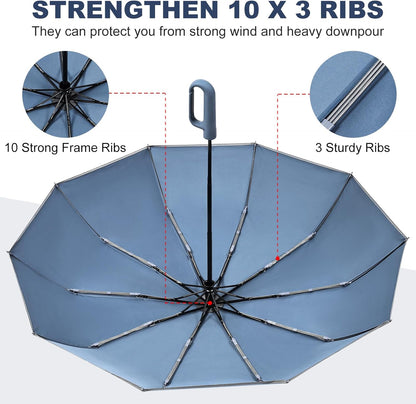 TradMall Travel Umbrella, 280T Fabric Windproof Automatic Portable Compact Folding Umbrellas for Rain with Reflective Stripe for Women and Men