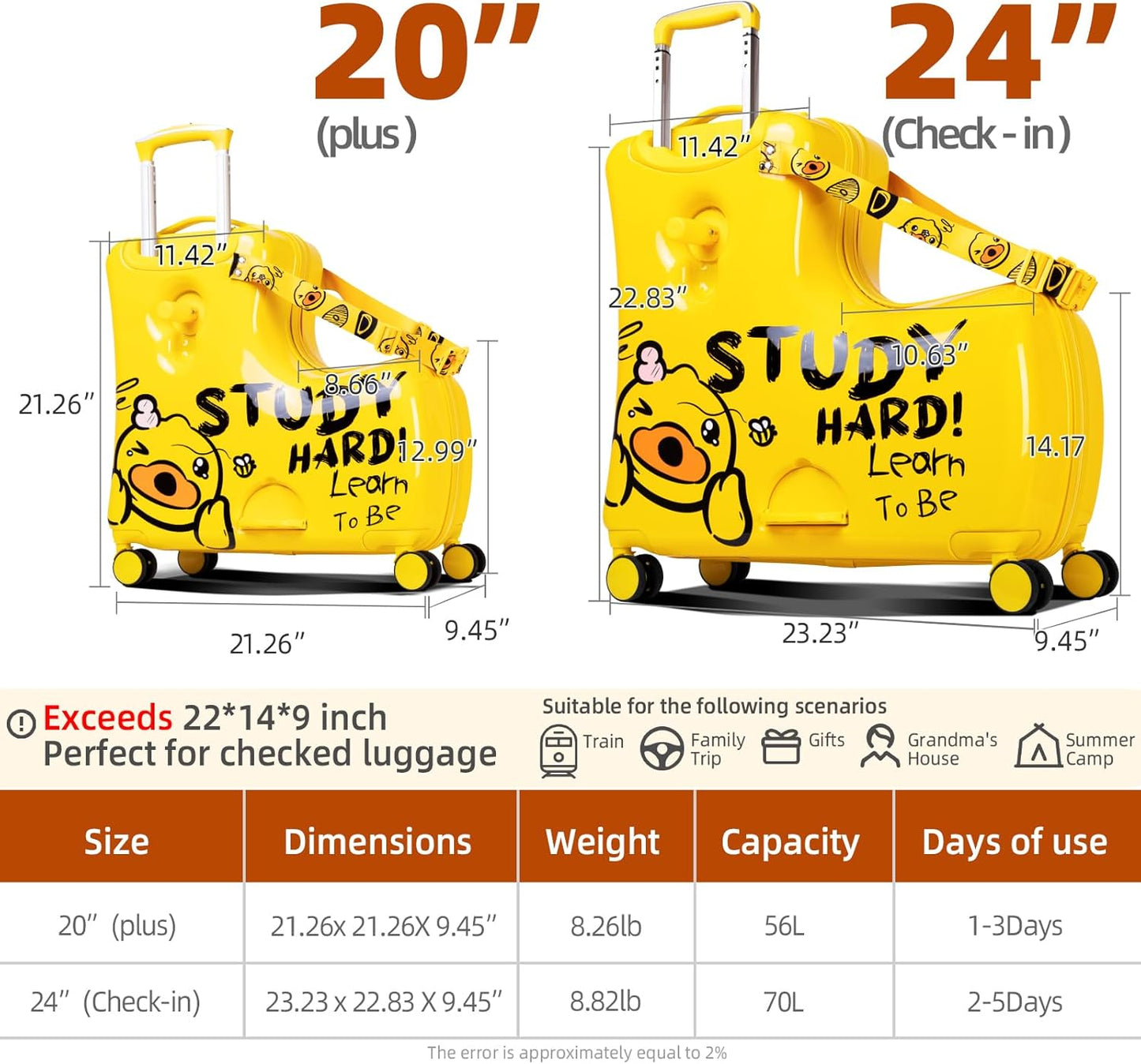 Kids' Lightweight Ride on Luggage with Spinner Wheels & Foldabe Design (Yellow Study, 24"+ Aged 3-12 Toddler)