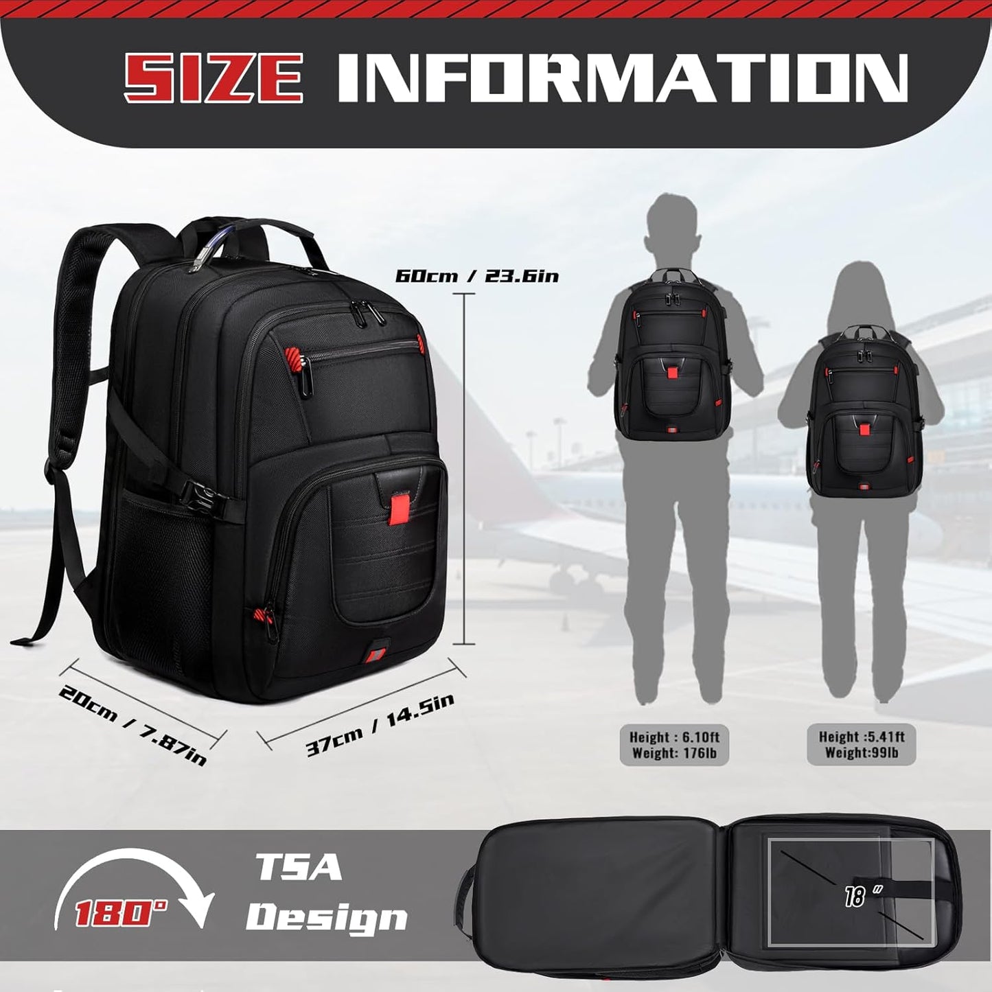 Extra Large 55L Travel Backpack, 18 inch Laptop Bag for Men, TSA Approved Heavy Duty with USB Charging Port, Anti Theft Rucksack for Business Work College, Black