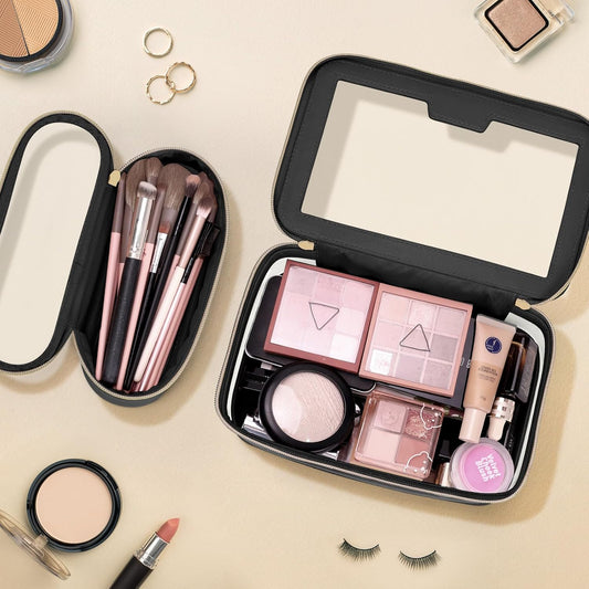 Travel Clear Makeup Bag with Makeup Brush Bag, Leather Makeup Case Toiletry Bag, Portable Cosmetic Bag Case, Transparent Waterproof Cosmetic Organizer Storage Bag for Women, Black