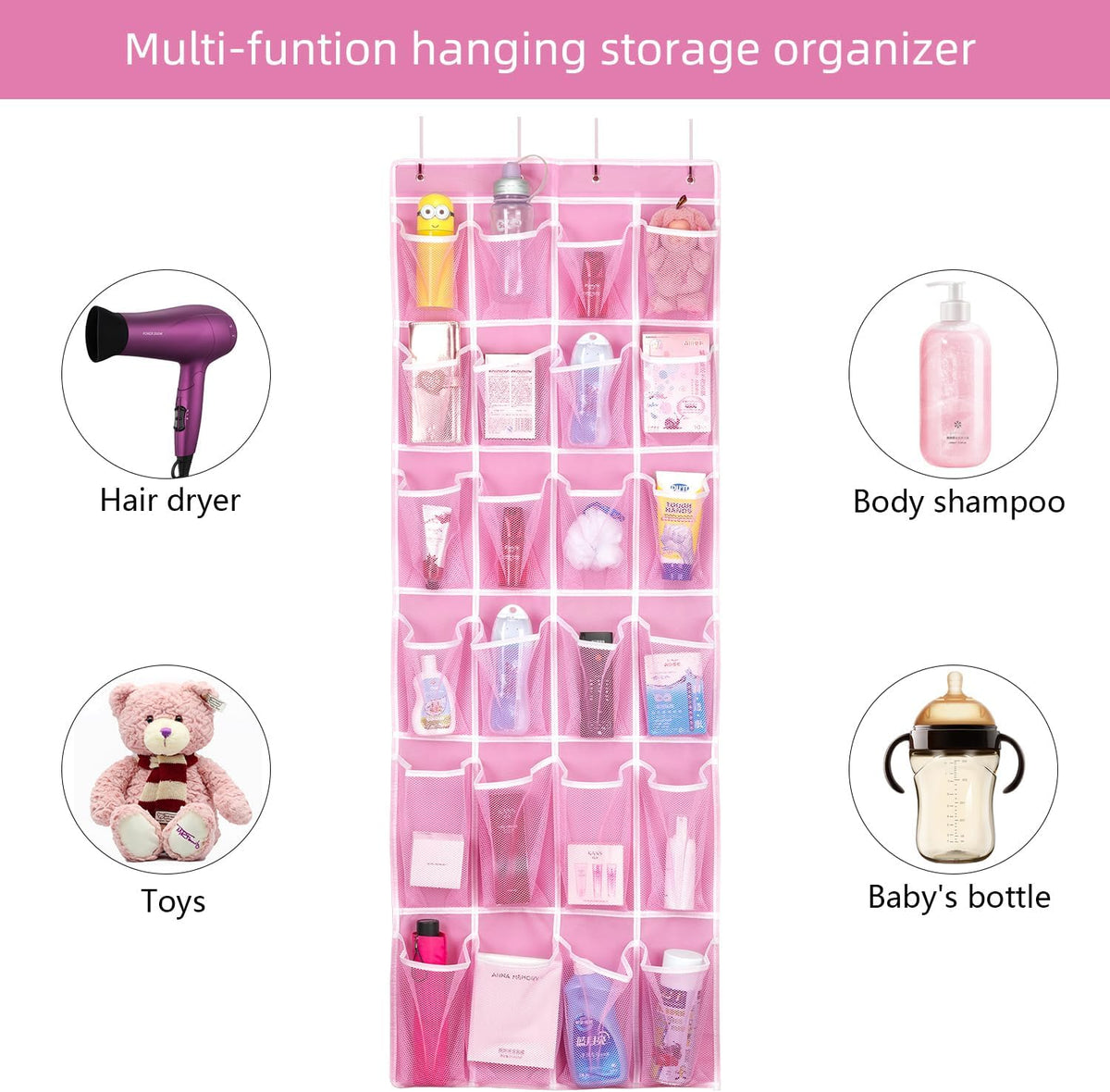 Hanging Shoe Organizer 2Pack, Over The Door Shoe Rack with 24 Mesh Pockets - Pink (2pack), Size: 58x21 Inch