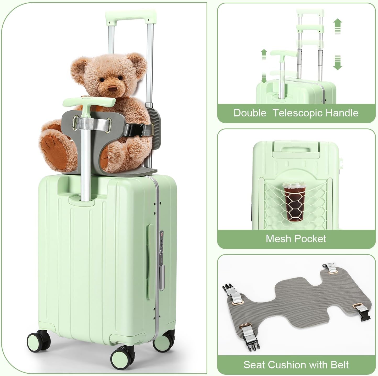 MRPLUM Carry On Luggage Double Handle Suitcase with Net Pocket,Hard Shell Spinner Wheels Luggage with TSA Lock&Seat Belt,20 inch,Green