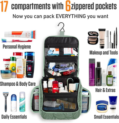 VENTURE 4TH Hanging Travel Toiletry Bag for Women & Men - Travel Organizer with Expandable Compartments & Removable Clear Pouch for Toiletries (Green Leaves)