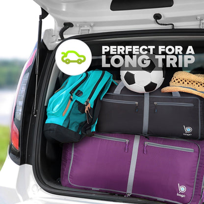 Bago Large Foldable Duffel Bags for Traveling Women & Men - 80L Packable Duffle Bag for Travel with Shoe Compartment - Water Repellant, Heavy Duty, Lightweight Folding & Collapsible (Purple)