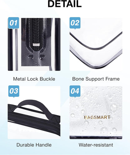 BAGSMART TSA Approved Clear Toiletry Bag, 3 Packs Quart Size Water Resistant Makeup Cosmetic Bags for Women, Airport Airline Travel Essential Carry On Organizer with Handle Large Opening, Black