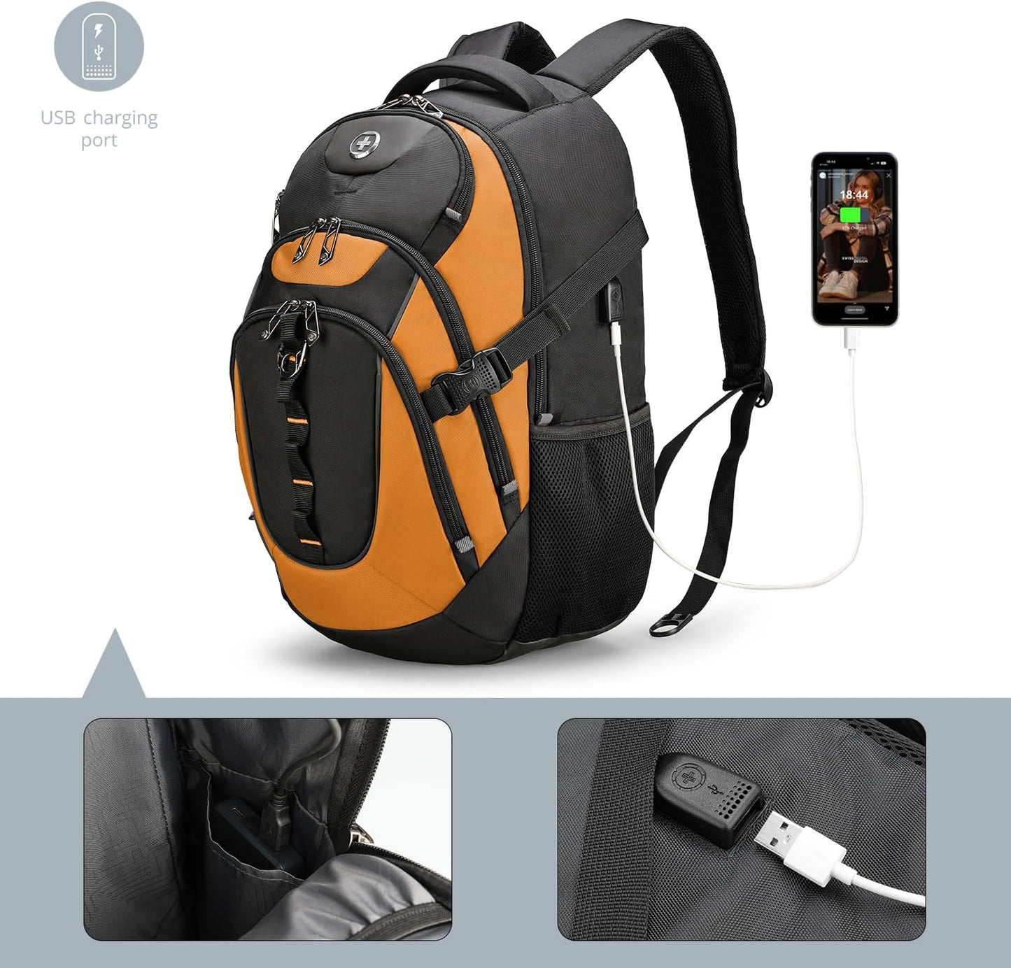 Swissdigital Design Laptop Backpack with USB Charging Port, TSA Travel Backpack Fits 15.6 inches Computer, 31L College School Backpack for Men, Orange/Black | SD803