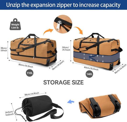 110L Expandable to 140L 32” Foldable Oxford Soft-Sided Rolling Duffle Bag with 2 Heavy-Duty Wheels,3 Large Compartments,Adjustable Shoulder Strap and Attached Organizer Pouch,Coffee
