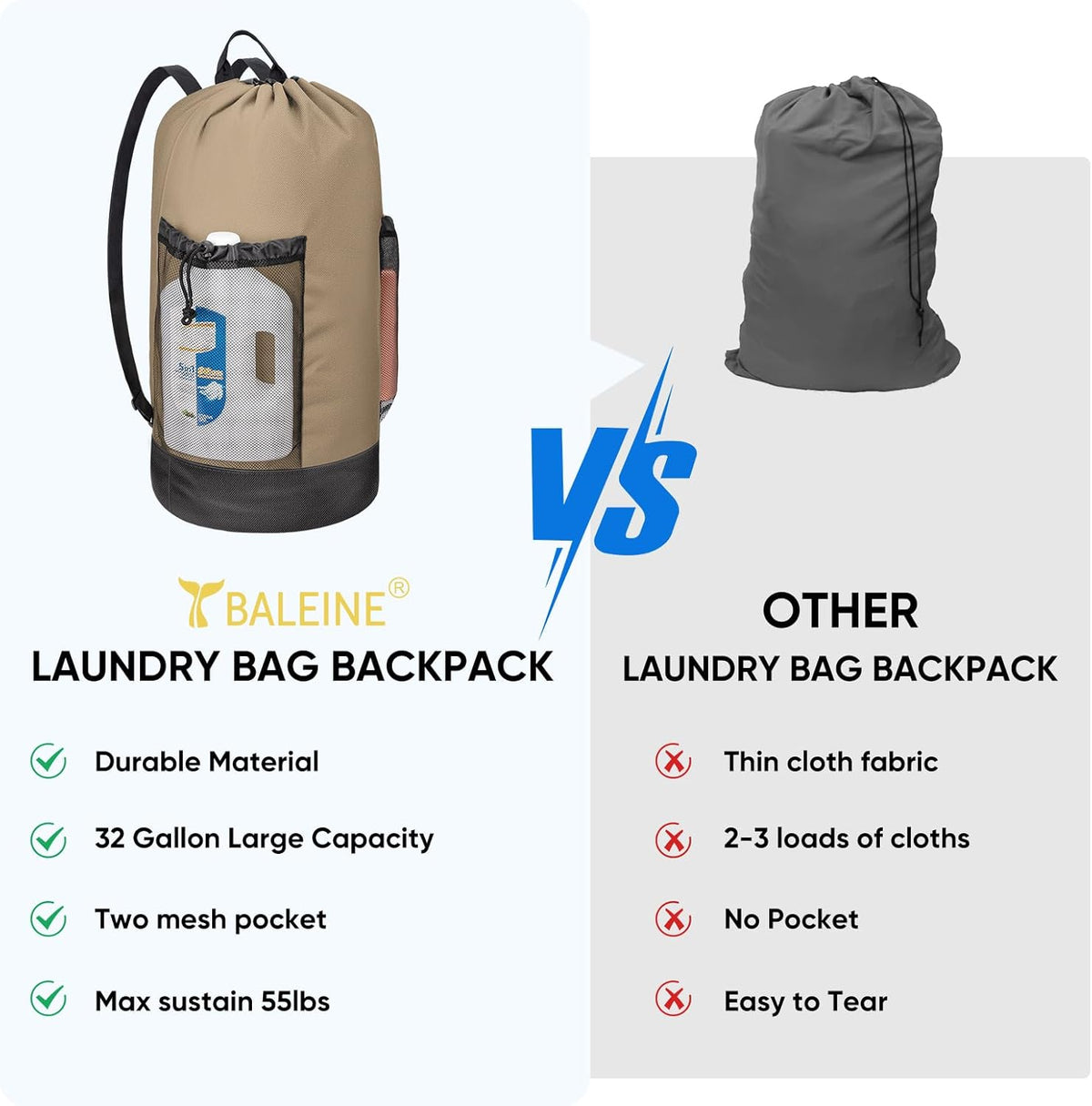 BALEINE 120L Laundry Bag Backpack, 900D Oxford Fabric Large Travel Laundry Bags with Shoulder Straps and 2 Mesh Pockets for College Dorm, Apartment, Laundromat (Khaki, 120L)