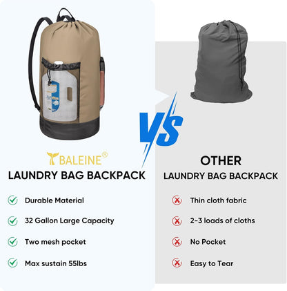 BALEINE 120L Laundry Bag Backpack, 900D Oxford Fabric Large Travel Laundry Bags with Shoulder Straps and 2 Mesh Pockets for College Dorm, Apartment, Laundromat (Khaki, 120L)