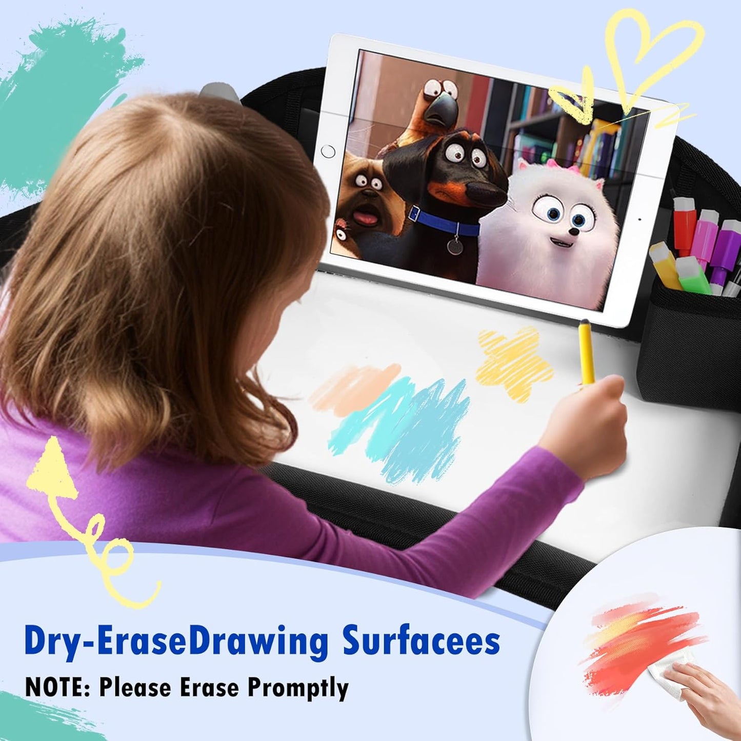 Kids Travel Tray for Toddler Car Seat, Lap Tray for Girl Activities with Dry Erase Board & Cooler Cup Holder, Road Trip Essentials Accessories with No-Drop Large Tablet iPad Holder Stand,2Pc Black