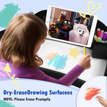 Kids Travel Tray for Toddler Car Seat, Lap Tray for Girl Activities with Dry Erase Board & Cooler Cup Holder, Road Trip Essentials Accessories with No-Drop Large Tablet iPad Holder Stand,2Pc Black