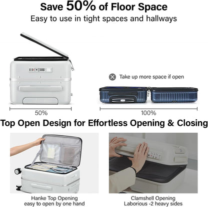 Hanke 20 Inch Carry On Luggage with Cup Holder and Charge,Top Opening Hard Shell Suitcases with Wheels and Dividers,Aluminum Frame Trunk Luggage Small Suitcase with Lock for Travel,Smoke White