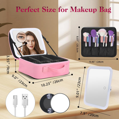 Travel Makeup Bag With LED Mirror,Makeup Travel Train Case with 3 Color Setting,Cosmetic Makeup Organizer Bag with Adjustable Dividers,Portable Make up Bag with Makeup Brush Holder Storage（Pink）
