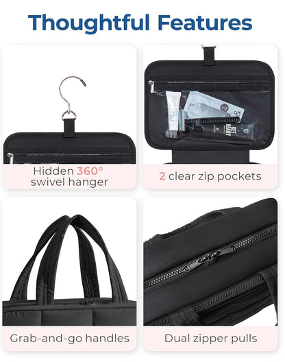 BAGSMART Travel Toiletry Bag with Jewelry Organizer, Hanging Travel Bag for Toiletries, Puffy Makeup Cosmetic Bag Organizer, Carry-on Travel Accessories Essentials, Black-M