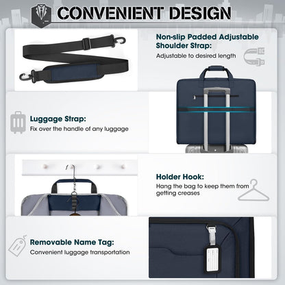 RAINSMORE Garment Bags for Travel Carry On Garment Bag for Hanging Clothes, Suit Bag for Business Trips with Shoes bag & Shoulder Strap, Waterproof Foldable Suit Luggage Bag for Men Women, Blue