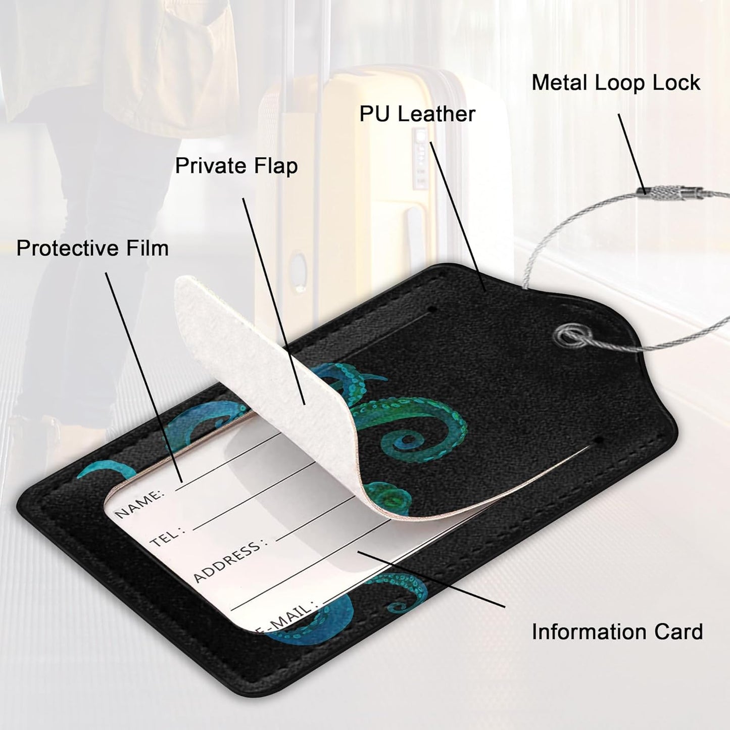 2 Pack PU Leahter Luggage Tag with Stainless Steel Loop,Green Octopus Luggage Tag Travel Suitcase Labels with Privacy Cover ID Label Quickly Spot for Bags & Baggage