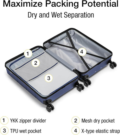 KYME Carry On Luggage 22x14x9 Airline Approved with Cup Holder Hardside Carry On Suitcase with Spinner Wheels TSA Lock Hardshell 22 inch Travel Rolling Luggage for Women Men Navy