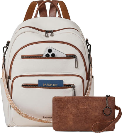 Backpack Purse for Women Laptop Backpack, Leather Travel Backpack Shoulder Bag Teacher College Daypack Work Handbag fits 14" Laptop-Beige