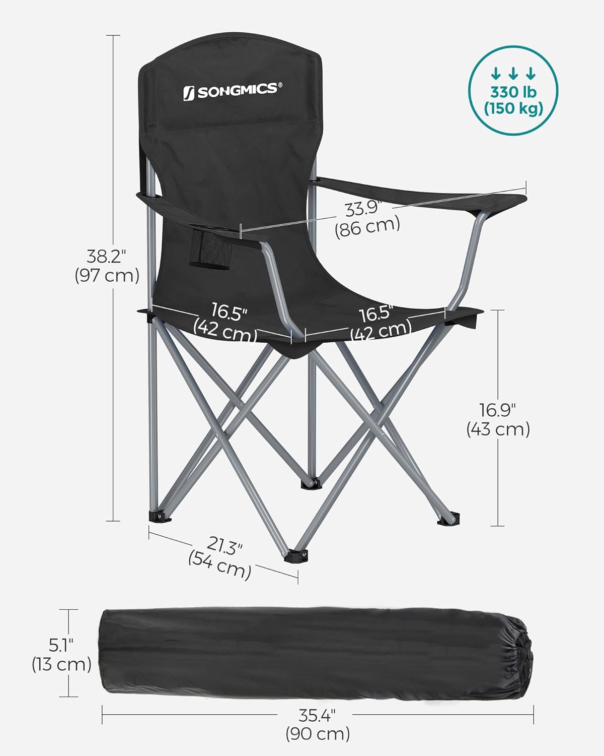 SONGMICS 2 Pack Folding Camping Chairs, Load 330 lb, Cup Holder and High Backrest, Heavy-Duty Structure, for Lawn, Garden, Fishing, Terrace