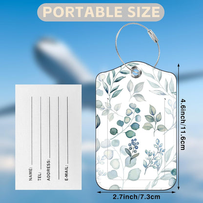 2 Pcs Green Eucalyptus Leaves Luggage Tags for Suitcases PU Leather Baggage Tags Name ID Label with Privacy Cover and Stainless Steel Loop for Men Women Travel Bag Suitcase