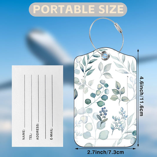 2 Pcs Green Eucalyptus Leaves Luggage Tags for Suitcases PU Leather Baggage Tags Name ID Label with Privacy Cover and Stainless Steel Loop for Men Women Travel Bag Suitcase