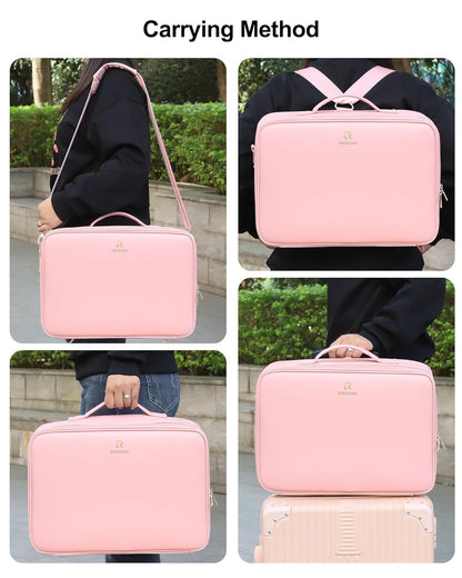 Relavel Makeup Bag with LED Mirror, 16.2 inches Large Professional Makeup Case for Makeup Artists, Travel Portable Cosmetic Organizer Storage Box, Vanity Case with 3 Colors Lighted Mirror, Pink