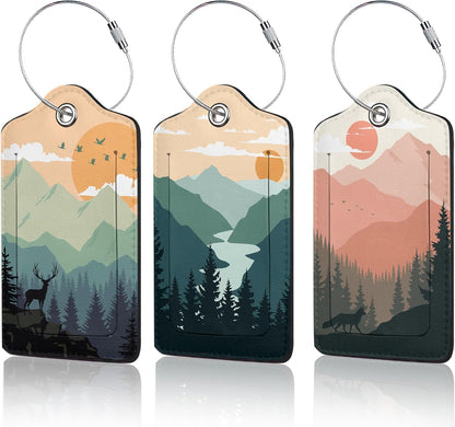 Sunset Landscape Luggage Tag for Suitcase,Mountain Tree Design with Privacy Flap Name ID Label Metal Loop, 3 Pack
