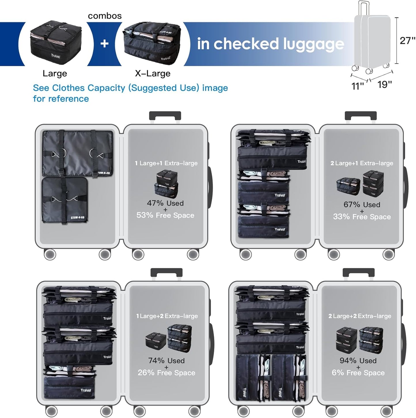 Grand Fusion Stow-N-Go Travel Luggage Organizer – Portable Hanging Travel Shelves, Carry-On Closet Organizer, Hanging Packing Cubes, Collapsible Carry-On Organizer for Cruises & Hotels. Black - XL