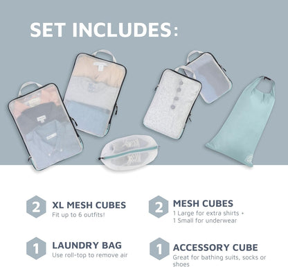Large Packing Cube Set with See Through Mesh- Compression Packing Cubes Travel Organizers by TRIPPED Travel Gear (Dusty Teal)